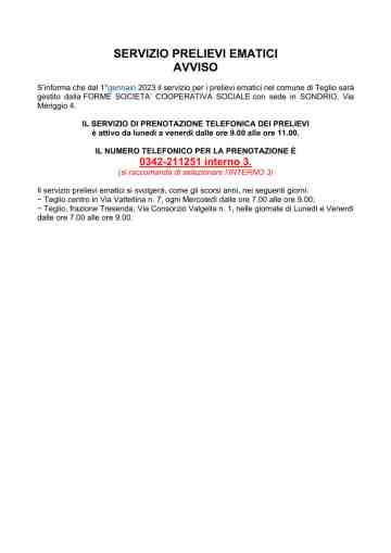 SERVIZIO PRELIEVI EMATICI AVVISO